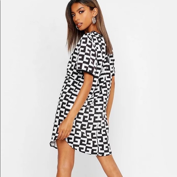 Boohoo monochrome black and white woven shift dress sz 14 - Picture 2 of 10